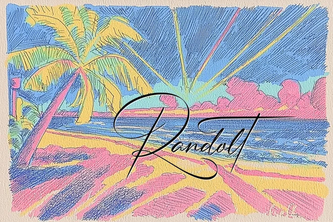 Colorful drawing of tropical beach with palm trees, ocean waves, and sunset sky, titled 'Randoll.'