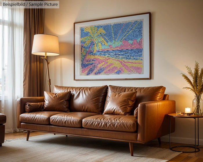 Modern living room with brown leather sofa, framed abstract painting, floor lamp, and side table with a lit candle.