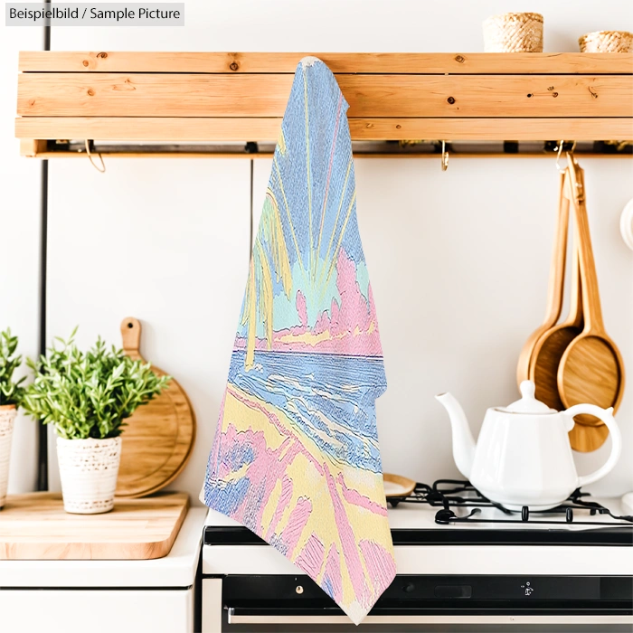Colorful illustrated beach towel hanging in a modern kitchen with plants, a teapot, and wooden utensils.