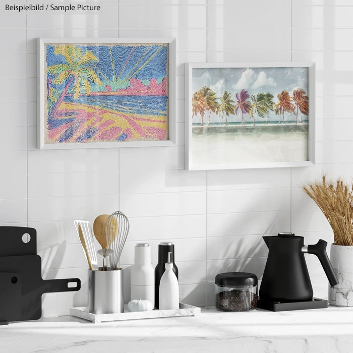 Coastal kitchen artwork with palm tree paintings above a counter with utensils, a kettle, and dried plants.