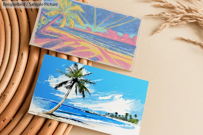 Two artistic postcards of tropical beaches with palm trees; one in vibrant colors and the other in blue tones.