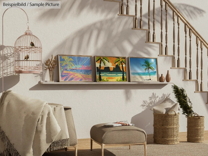 Cozy room with a birdcage, tropical paintings, and a staircase with warm lighting.