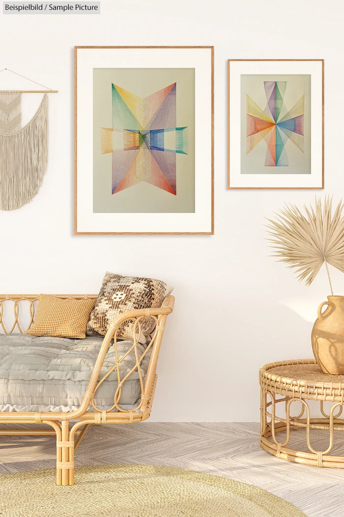 Bohemian living room with geometric art, rattan sofa, patterned cushion, wicker table, and pampas grass vase.