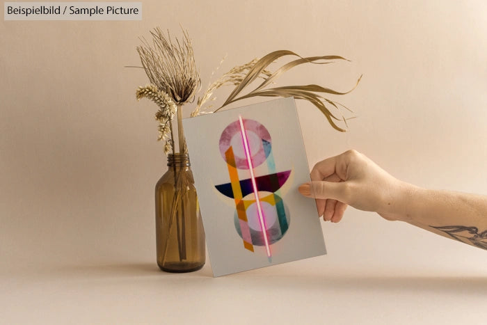 Hand holding abstract art print near brown vase with dry grasses on neutral background.