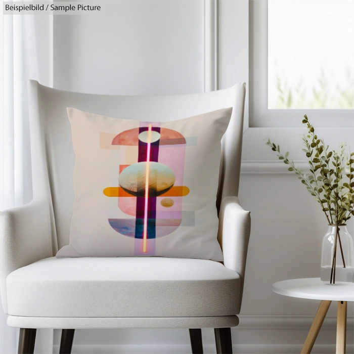 Modern abstract art pillow on a chair in a bright room with a small table and plant.