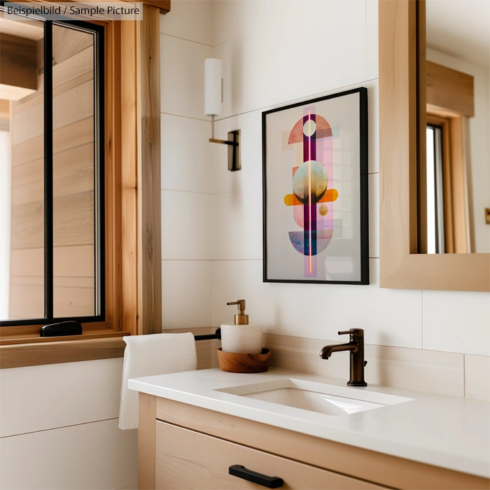 Modern bathroom with wooden accents, abstract art, and black fixtures above a white sink.
