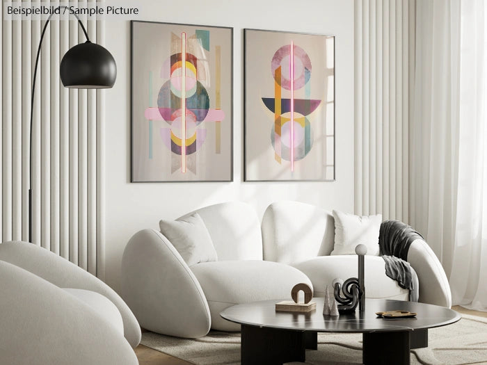 Modern living room with white sofas, abstract art, and a black floor lamp.