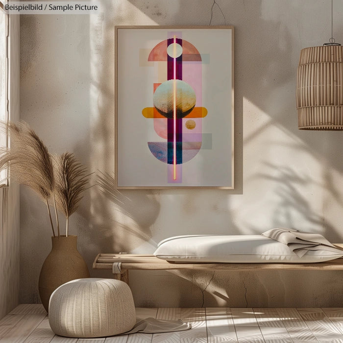 Framed abstract art with geometric shapes in neutral modern room with decorative vases and woven lamp shade.