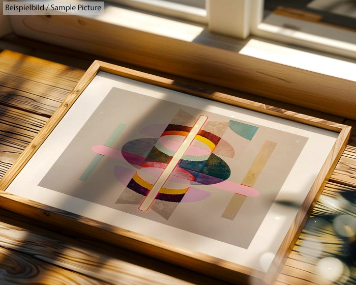 Framed abstract art on wooden floor, featuring colorful geometric shapes and soft lighting from a nearby window.