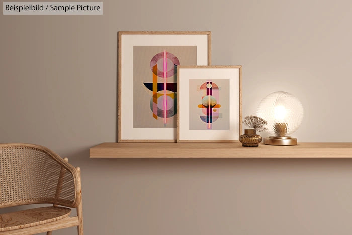 Framed abstract art on wooden shelf with glowing lamp and woven chair in modern interior.