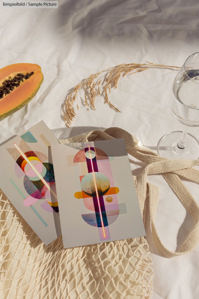 Abstract art postcards on fabric with papaya, wheat stalks, and wine glass.