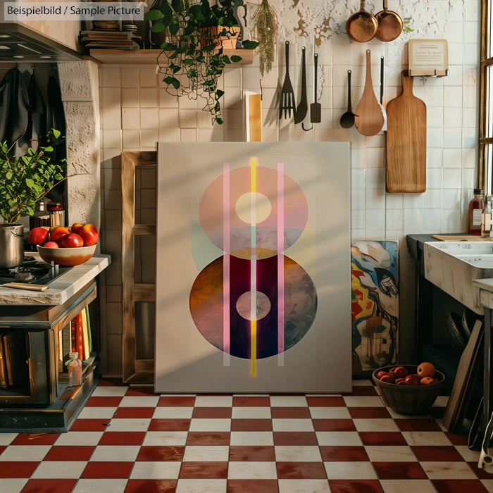 Cozy kitchen with abstract artwork on floor, checkered red and white tiles, cutting boards, and kitchen utensils on wall.