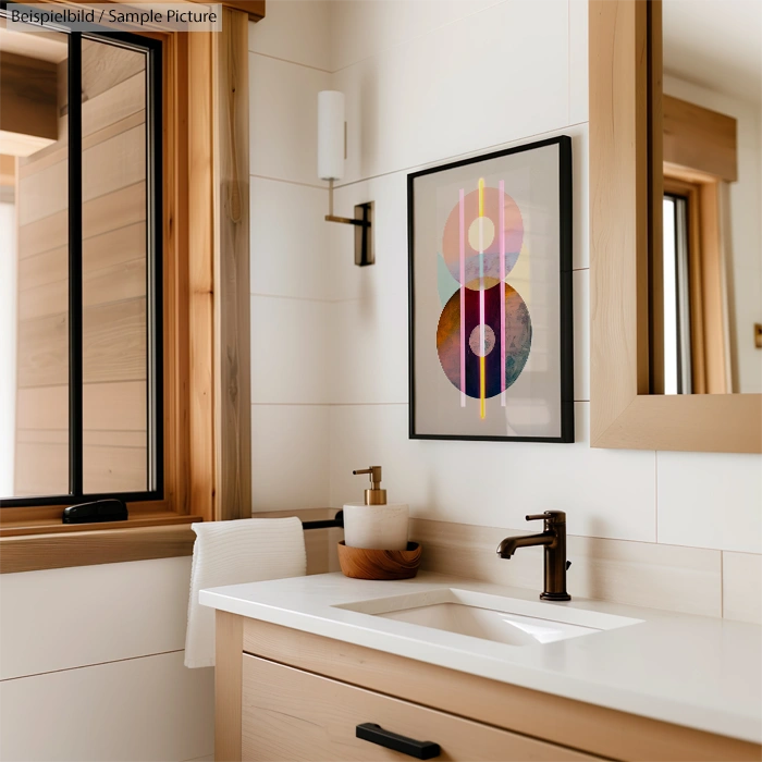 Modern bathroom with wooden accents, featuring a framed abstract artwork and contemporary fixtures.