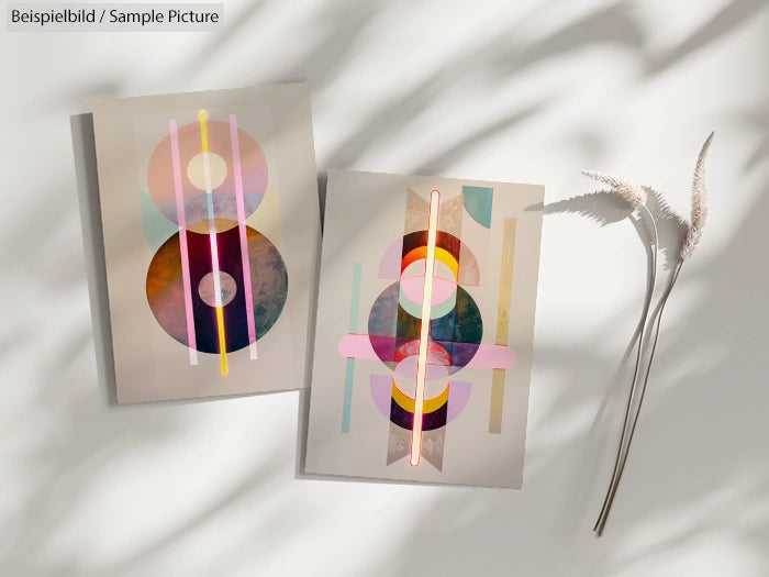 Two abstract artworks with colorful geometric shapes illuminated by soft light, accompanied by wispy dried plants.