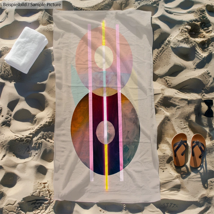 Beach towel with colorful abstract design, sandals, towel, and sunglasses on sandy beach.