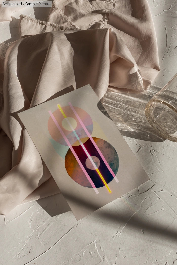 Abstract design on textured paper atop soft fabric, with glass of water casting shadows on textured surface.