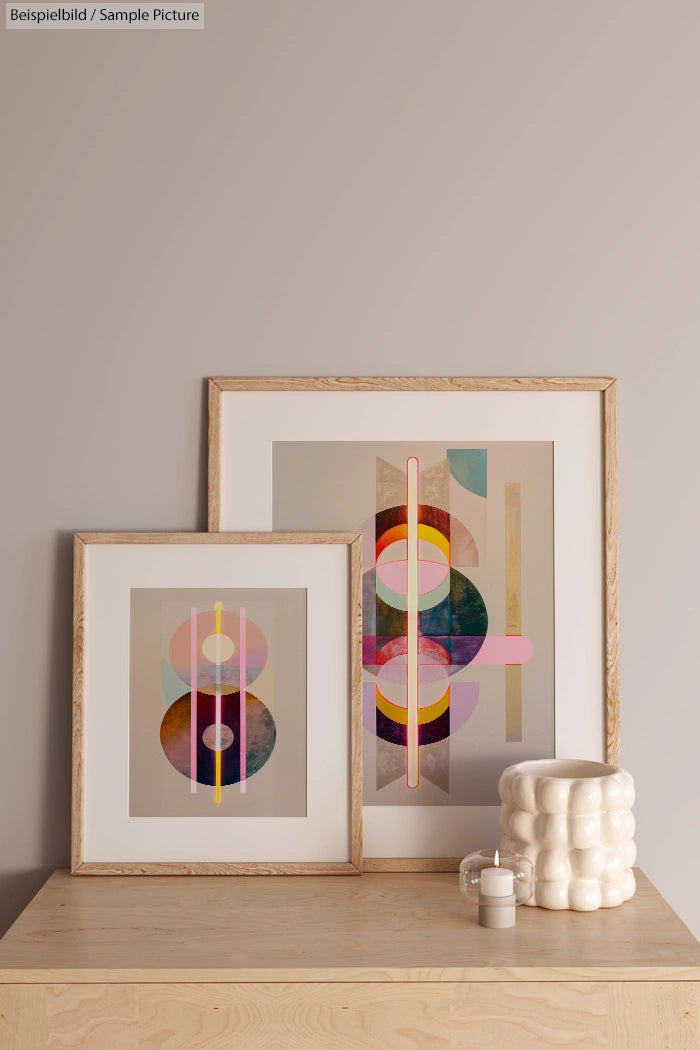 Two framed abstract geometric artworks on a shelf, next to a decorative white vase and candle.