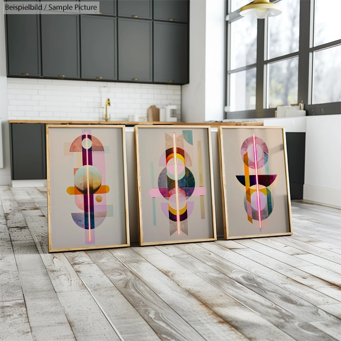 Three abstract geometric paintings with circular patterns and pastel colors in a modern kitchen with wooden floors.