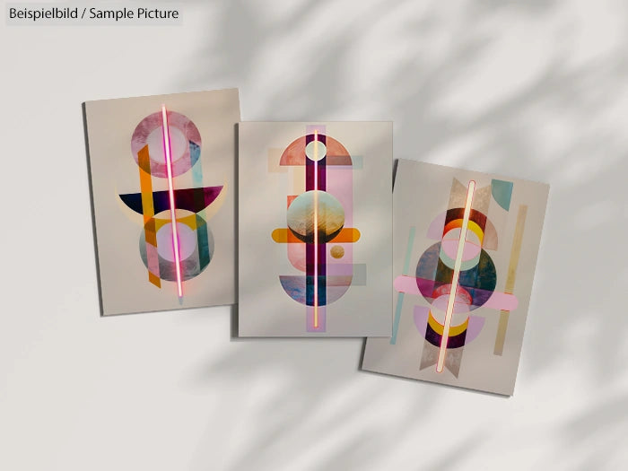 Three abstract geometric artworks featuring colorful circles and lines on a light background with shadow overlay.