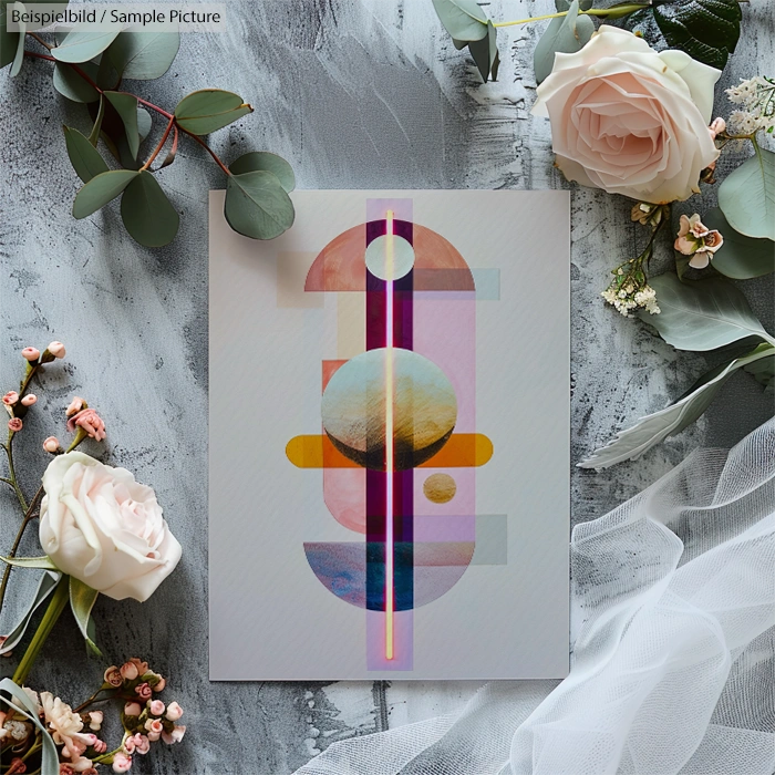 Abstract geometric design on canvas surrounded by pink and white roses with greenery on a textured surface.