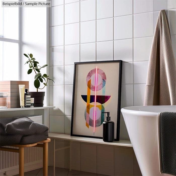 Modern bathroom with framed abstract art, potted plant, and bathtub, featuring a stylish, minimalistic design.