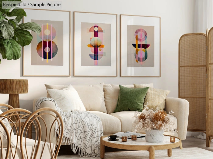 Modern living room with colorful abstract paintings, neutral sofa, green throw pillows, and indoor plants.