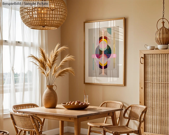 Cozy dining area with wooden furniture, wicker pendant lamp, pampas grass vase, and colorful geometric artwork on the wall.