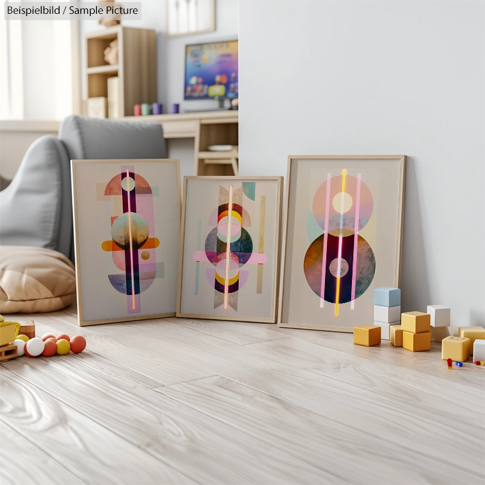 Three framed abstract artworks on floor in a bright room, with colorful stacked toy blocks nearby.