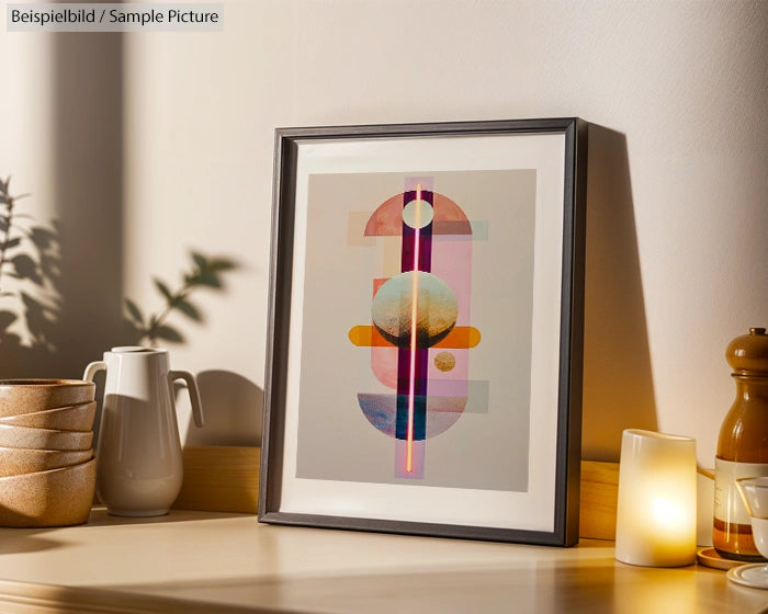 Framed geometric abstract art on a shelf with a plant, candles, and a ceramic bowl in a warm, cozy setting.