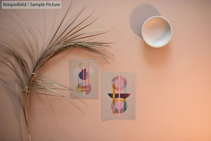 Geometric abstract art prints on pink background with a dried plant and white bowl.