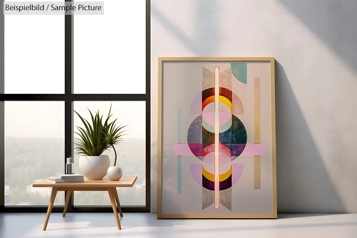 Modern geometric abstract painting with circular and linear elements, next to a potted plant by a large window.