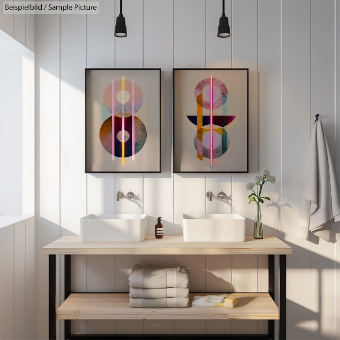 Modern bathroom with double sinks, minimalistic decor, and geometric art on white paneled walls, lit by pendant lights.