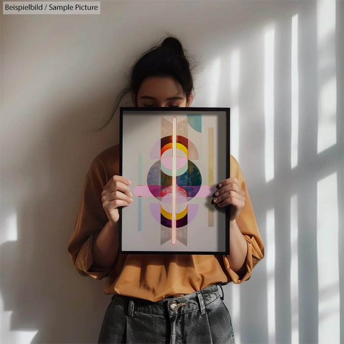 Person holding geometric art poster, standing against sunlit wall with shadows, wearing tan shirt and dark pants.