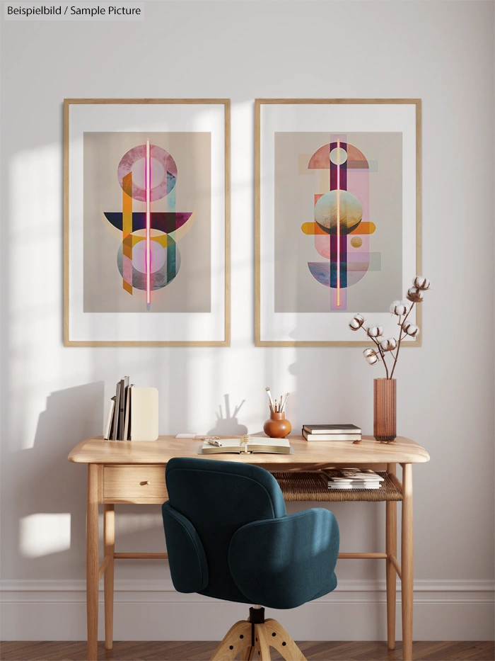 Home office setup with a wooden desk, a teal chair, and two abstract framed artworks on wall in a sunlit room.