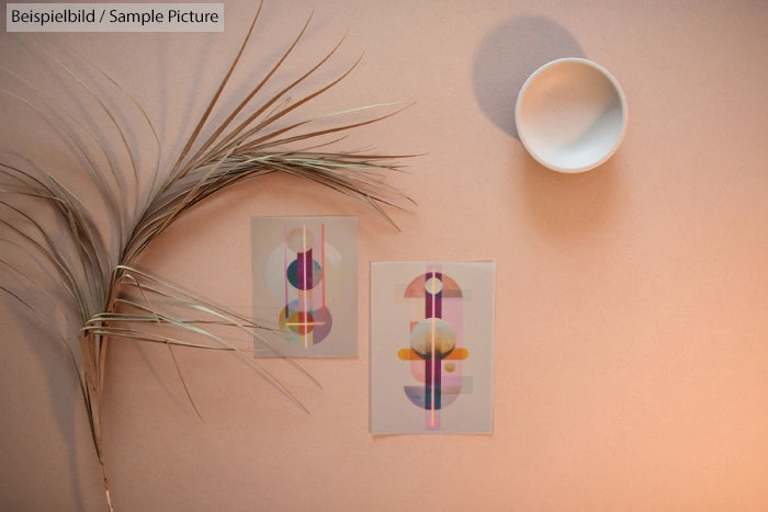 Minimalist abstract art prints with pastel circles and lines, dried plant, and round white bowl on a beige background.