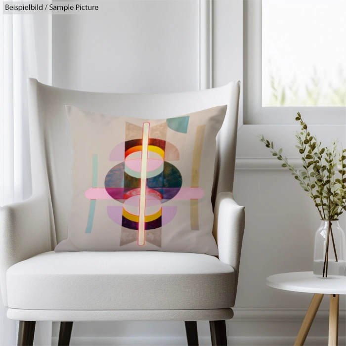 Modern abstract cushion on armchair in bright room with plant on table.