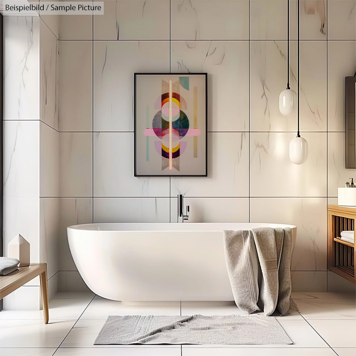 Modern bathroom with a white freestanding tub, abstract wall art, marble tiles, wooden cabinet, and pendant lighting.