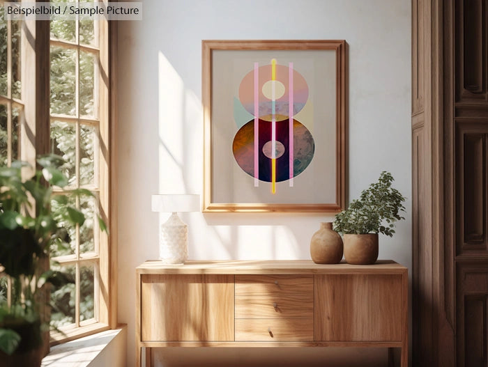 Modern interior with abstract art on wall, wooden sideboard, two vases, and large window with sunlight and plants.