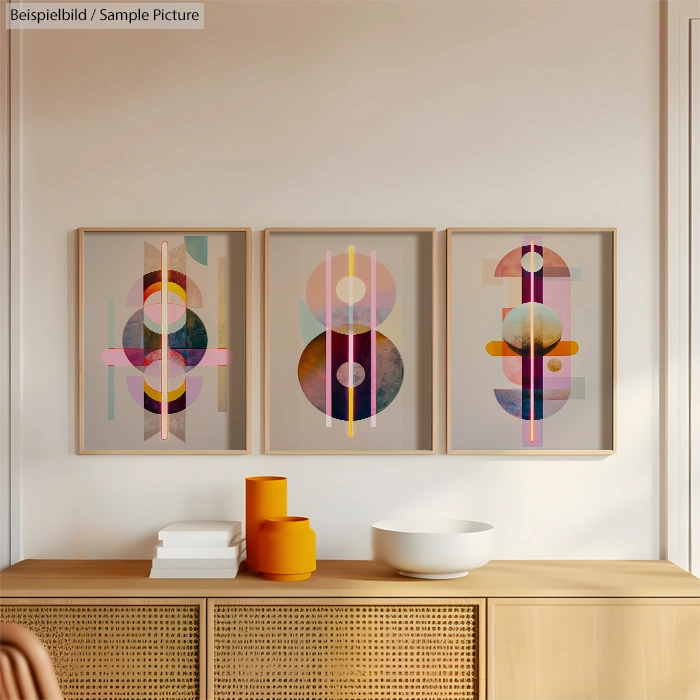 Modern interior with three framed abstract artworks above a wooden sideboard, featuring colorful geometric designs.