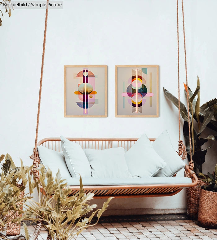 Outdoor patio with a rope swing sofa and two abstract framed paintings on a white wall, surrounded by plants.