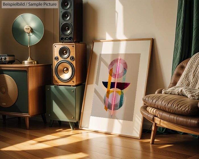 Retro-styled living room with vintage speakers and abstract art, featuring circular and geometric shapes on a framed print.