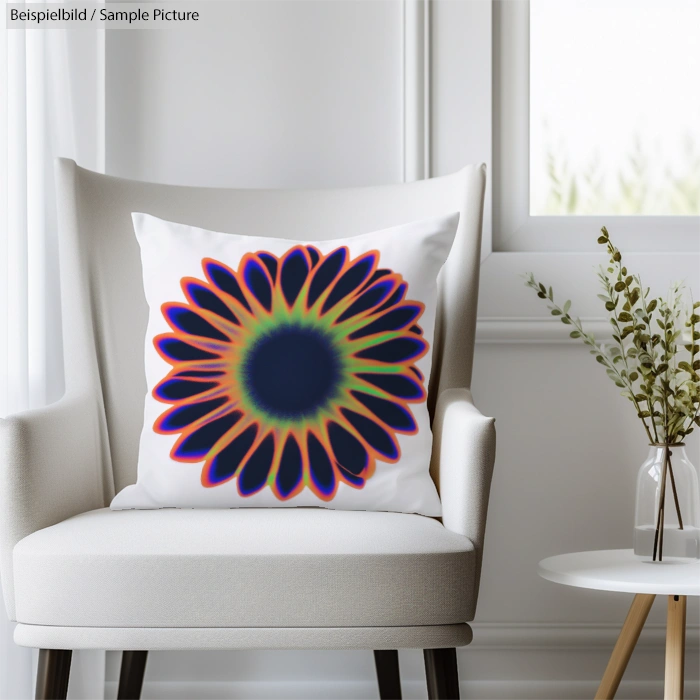 Modern white chair with sunflower-patterned cushion in a minimalistic room with a white table and vase.