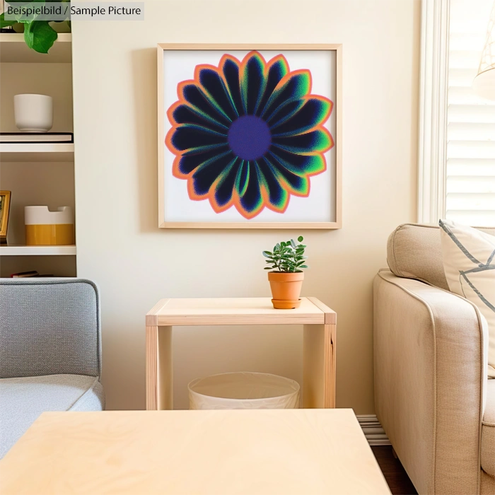 Framed abstract flower painting above a small plant on a wooden side table in a cozy living room.