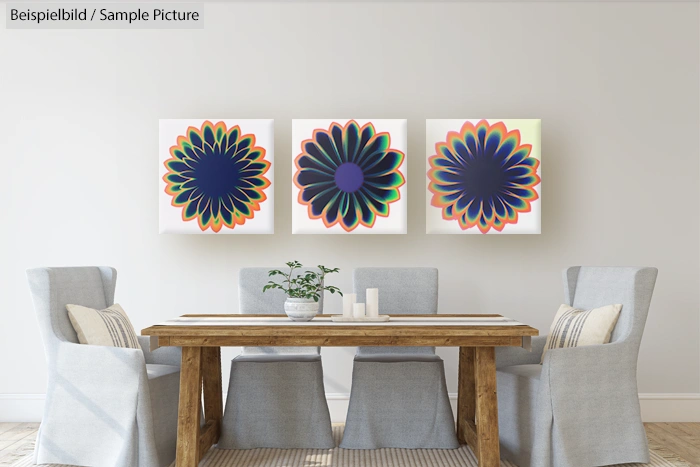 Modern dining room with wooden table, gray chairs, and colorful flower art on the wall.