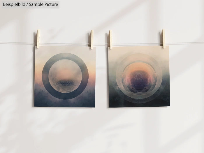 Two abstract art prints with circular designs hanging on a line with clothespins against a light background.