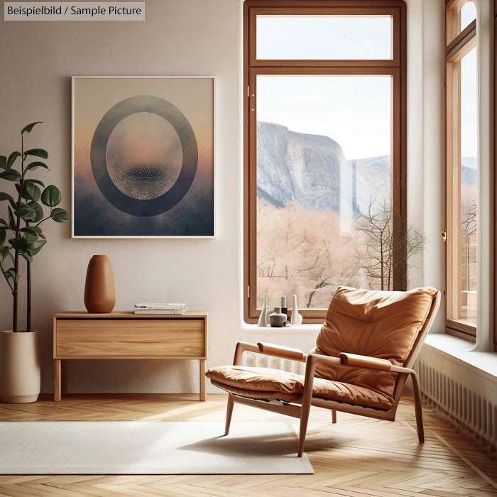 Cozy room with wooden armchair, abstract painting, large window showing mountainous landscape.