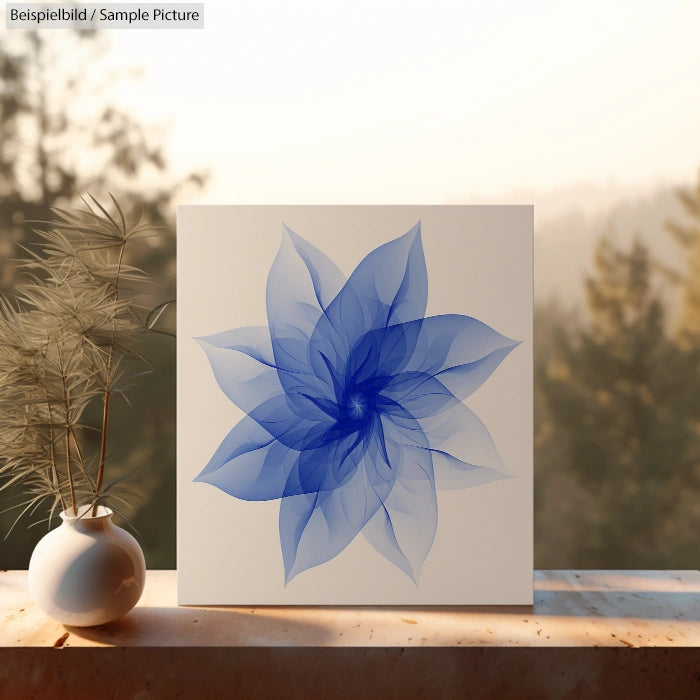 Abstract canvas art with overlapping blue translucent petals on a wooden ledge, blurred forest background.