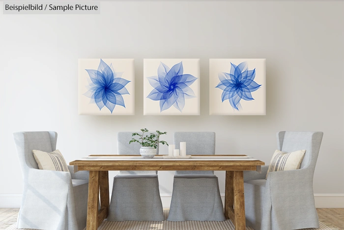 Dining room with wooden table, gray chairs, and blue abstract flower art on beige wall.