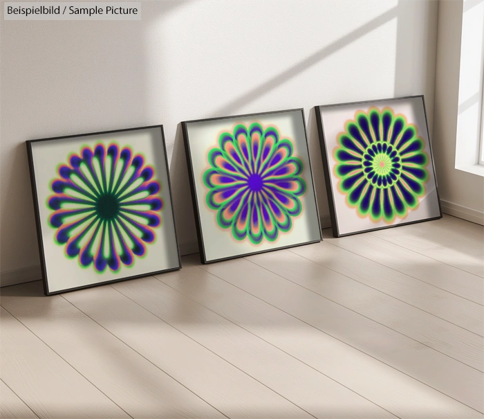 Three framed abstract art pieces with vibrant, multi-colored circular patterns on a light wooden floor.