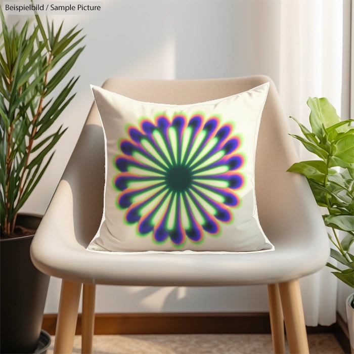 Decorative pillow with vibrant radial pattern on chair, flanked by green plants in a bright room.